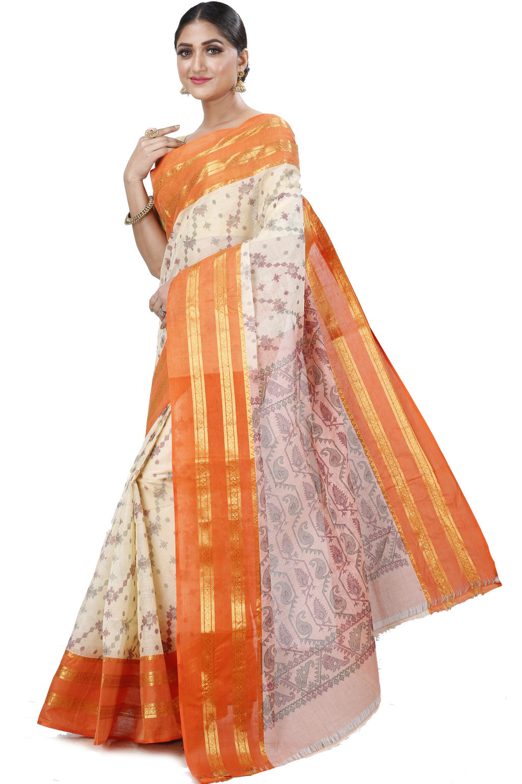 Orange Pure Cotton Rashi Print Tant Saree Print (1010)
